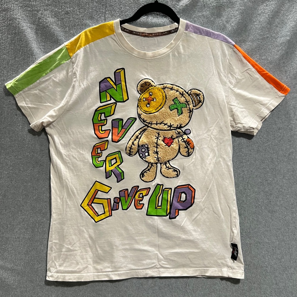 Switch Mens Never Give Up Stitched Teddy Bear Graphic T-Shirt White L Streetwear